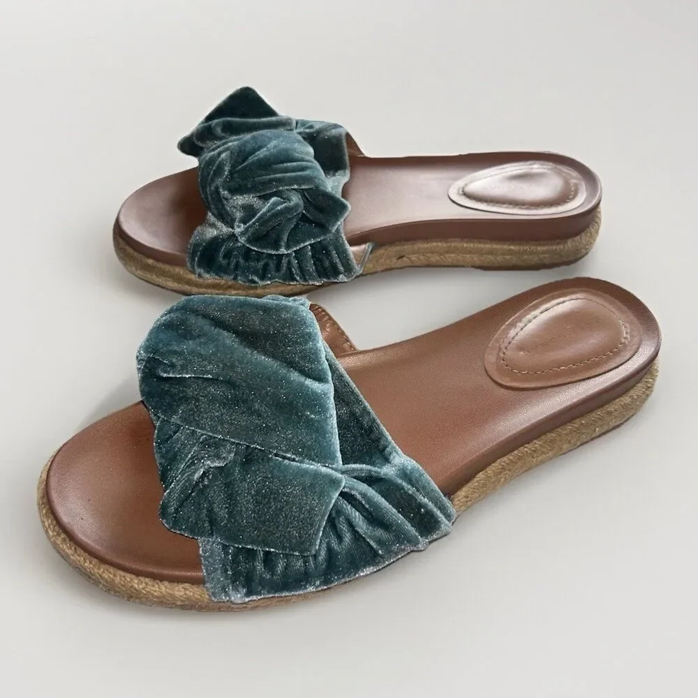 Zara Velvet Bow Sandals Slides Espadrilles 39 Blue Teal ‎ Open Toe Boho Classic
